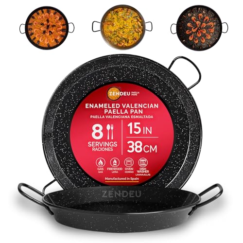 Image of ZENDEU Paella Pan from Spain – Authentic Enameled Carbon Steel Paella Pan, Large 15 inch (38 cm) | Traditional Paellera Made in Spain – Durable Enameled Paella Pans for 8 Servings