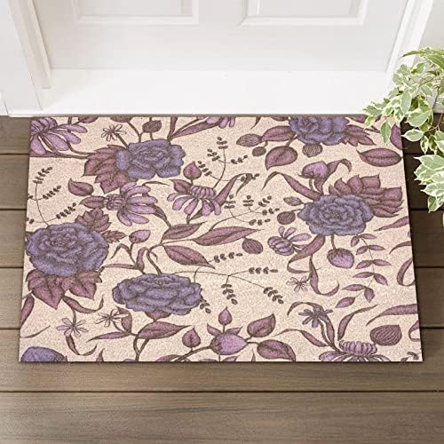 Door Mats Indoor Entrance Shabby Chic Flower Farmhouse Indoor Outdoor Welcome Front Entrance Doormat with Heavy Duty Backing Vintage Rose Flower Purple Coir Mat for Outside Porch Entrance 16x24in