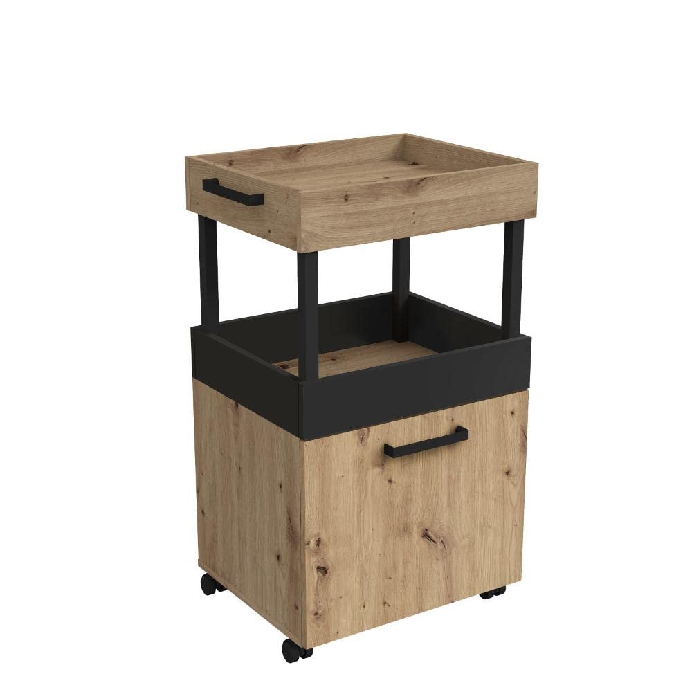 FORTE HOME BAR Barschrank mit Rollen und 1 Tür, Holzwerkstoff, Artisan Eiche / Schwarz matt, 50.2 x 88.5 x 41 cm