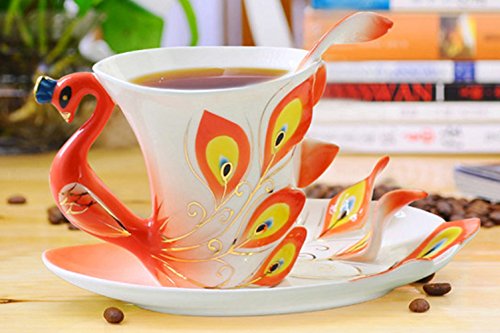 Emoyi Porcelain Tea Cup And Saucer Coffee Cup Mug Peacock Theme Creative Present (Orange) #TOP3