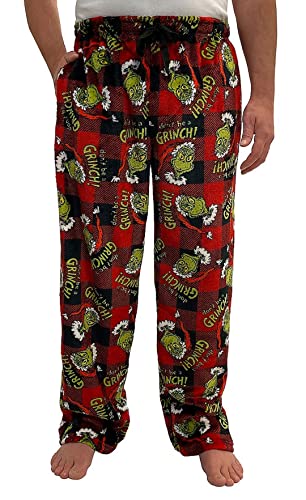 Mens Dr. Seuss Don't Be A Grinch Red Buffalo Plaid Plush Lounge Pants