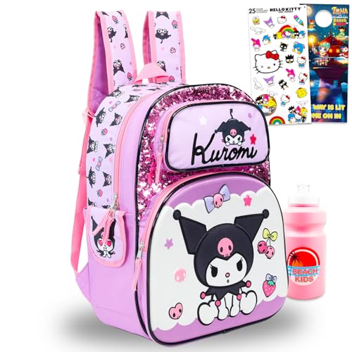 Mochila Kuromi para meninas – Pacote com bolsa escolar Sanrio de 40 cm e garrafa de água, adesivos e mais | Mochila escolar Kuromi para crianças