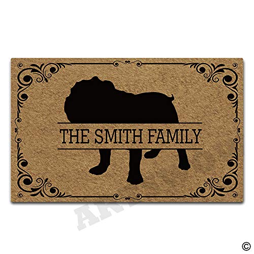 Artswow Doormat English Bulldog Personalized Family Name Door Mat Decorative Indoor/Outdoor Entrance Floor Mat 23.6 Inches by 15.7Inches