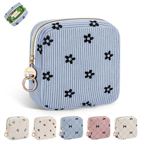 Neceser Compresas Pequeño Bolso de Almacenamiento Neceser para Compresas Algodon Tampones Bolsa Menstrual con Cremallera de Servilletas Sanitarias Bolsas Regalo para Adolescentes Niñas(Florida-Azul)