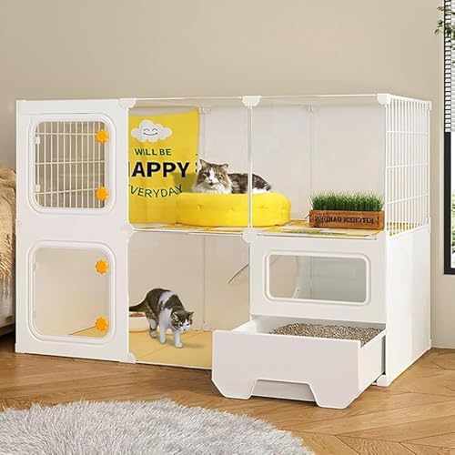 Cat Cages Indoor Litter Dog Playpens Caves Houses Box Kitten Cage Cats Outdoor Enclosures,Multi-Level Indoor Cat Cage with Enclosed Litter Box, Easy to Clean Design for Small Pets, Spacious