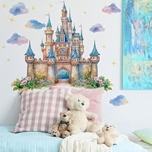 Runtoo Princess Castle Wall Decal Peel and Stick ملصقات فنية كبيرة ملونة على الحائط الخيالي للسحابة للفتيات غرفة نوم الأطفال حضانة الأطفال