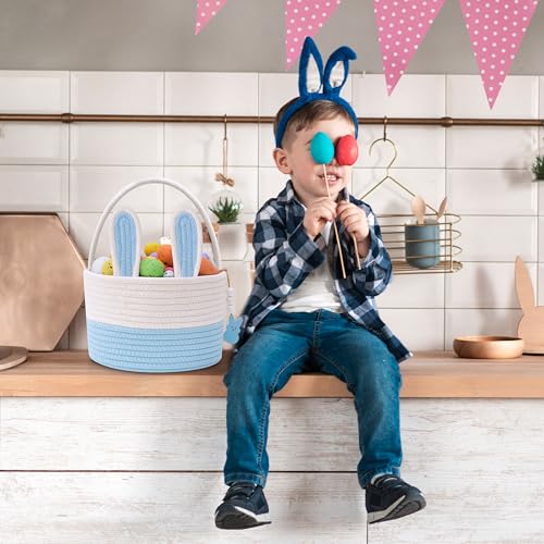 Easter Baskets for Kids, Blue Small Personalized Bunny Easter Basket Empty with Handle, Basket Tags, Woven Rope Egg Easter Baskets for Boys Girls Babies Toddler Infant, 9" x 9" x 6.3" by MELLBAY - Image 7