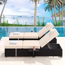 PeakPursuit Patio Lounge Chairs,Outdoor PE Wicker Chaise Lounge Set of 2,Chaise Lounge Chair Outdoor,Pool Furniture,Brown Rattan Recliners with Adjustable Backrest,Storage Table,Beige