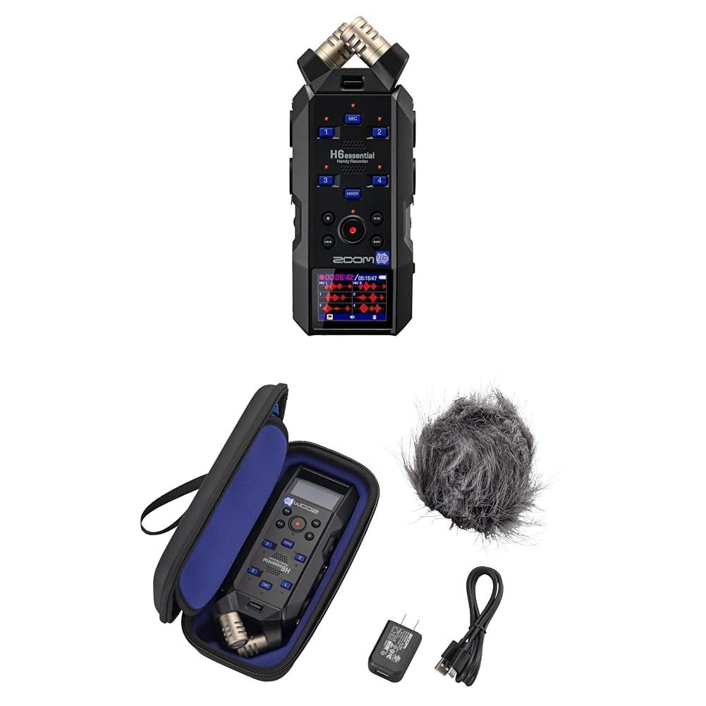 Zoom Bundle of H6essential Handy Recorder | 6-Spur 32-Bit Float| schwarz APH-6e Zubehörpaket | EU-Version | WSU-1 Windschutz | AD-17 Netzadapter | gepolsterte Tasche | USB-C Kabel