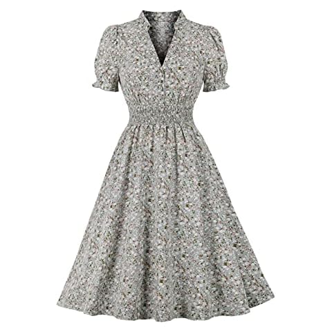 Shin Fashion Women's Vintage Floral 1950s 1940s V-Neck Dresses Retro Button Decoration Casual Tea Dress Cover