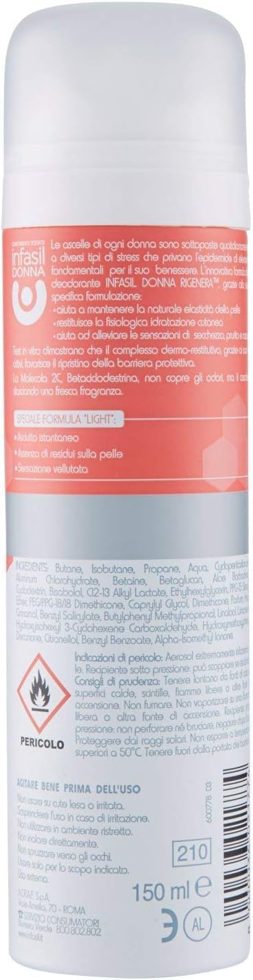 12 x Infasil Donna Rigenera Deodorant Spray für Frauen, für empfindliche Haut, transparente Formel, 150 ml,+ Italy shop Kostenloser Schlüsselanhänger
