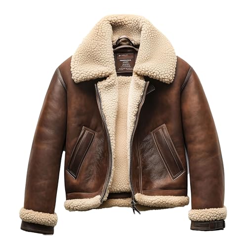 Image of The Next Shearling Brown Leather Jacket Genuine Luxurious Sheepskin Fur Leather B3 Bomber Leather Aviator Jackets For Men