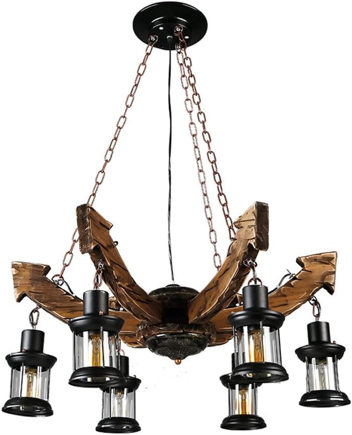 Lustre en bois de bateau vieilli à 6 têtes en fer pour grand éclairage de plafond