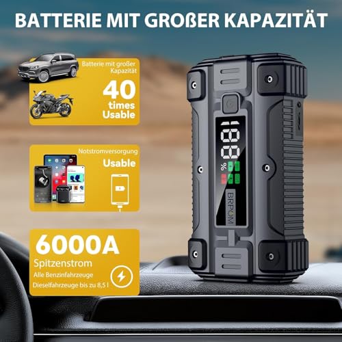 BRPOM Starthilfe Powerbank 6000A 12V (bis zu Allen Benzin und 8.5L Diesel) Auto Starthilfe mit LED-Taschenlampe, großen Bildschirm, Jumper Bildschirm, Autobatterie Booster für SUV Motorrad Rasenmäher