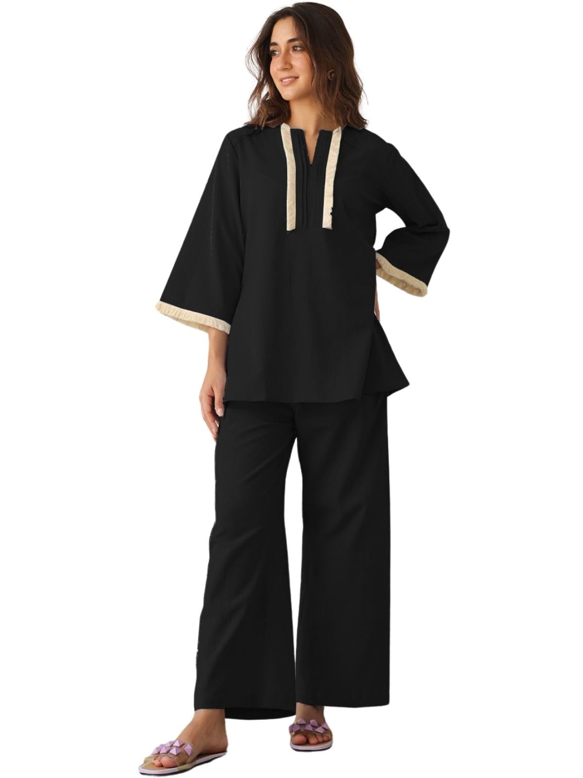 Greciilooks Polycotton Ethnic Mid-Thigh Length Stylish | Festive Travel Co Ord Kurta Set For Women (Gl-W2048&Tr1023_Black_L)