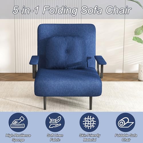 Image of Montary Space - Saving Convertible Folding Sofa Bed: Adjustable Backrest with Pillow, Comfortable Single Sleeper for Living Room, Bedroom & Office (Blue)