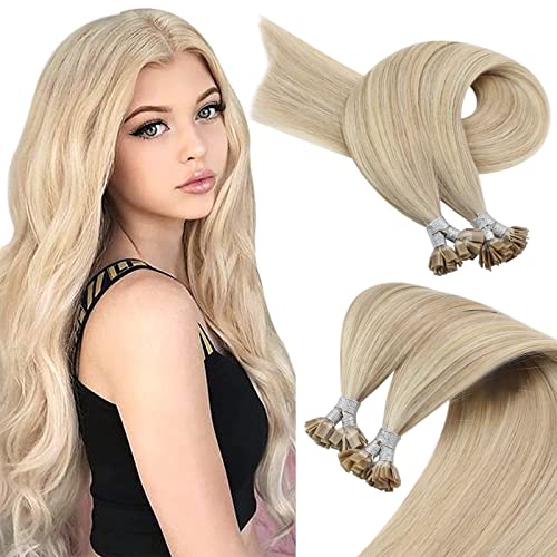 Sunny Flat Tip Hair Extensions Human Hair Blonde Highlight Flat Tip Real Hair Extensions Keratin Flat Remy Hair Extensions Ash Blonde Highlighted Bleach Blonde Flat Human Hair Extensions 18inch 50G