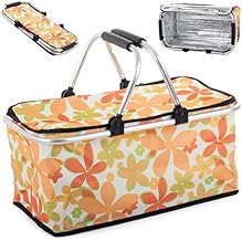 Thermal Picnic Basket, Foldable Portable Open Lunch, Mountain Mountain Park Basket, Warm Cold Food Drinks Long, Comfort Handles Zipper Hard Bottom Anti Slip (Light Floral)