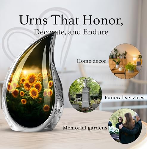 Image of Teardrop Sunflower Urn for Ashes for Women - Funeral Urns for Adult Ashes Women - Yellow Sunflower Urn for Human Adult Male and Female - Large Cremation Urns for Male 10inch