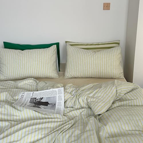 Image of mixinni Vintage Geometric Striped Duvet Cover Set - 3 Piece 100% Washed Cotton Twin XL Size Bedding Set with Matching Pillowcases | Mid-Century Modern Design | Ultra Soft & Breathable-Twin XL Size