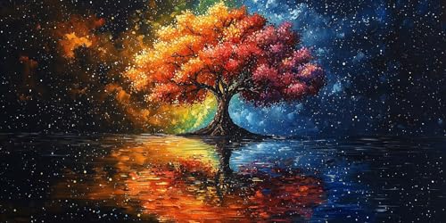 Diamond Painting Grand Format 70x140cm, Broderie Diamant Ronde Complète Arbre Multicolore DIY