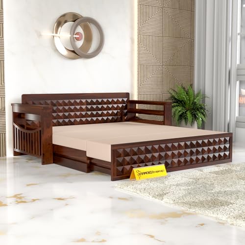 Image of Mamta Furniture Solid Sheesham Wood Sofa Set 3 Seater Furniture Wooden 3 Seater Sofa Cums Bed for Home Living Room with Cushions (Walnut with Cream, 3 Seater Design 1)