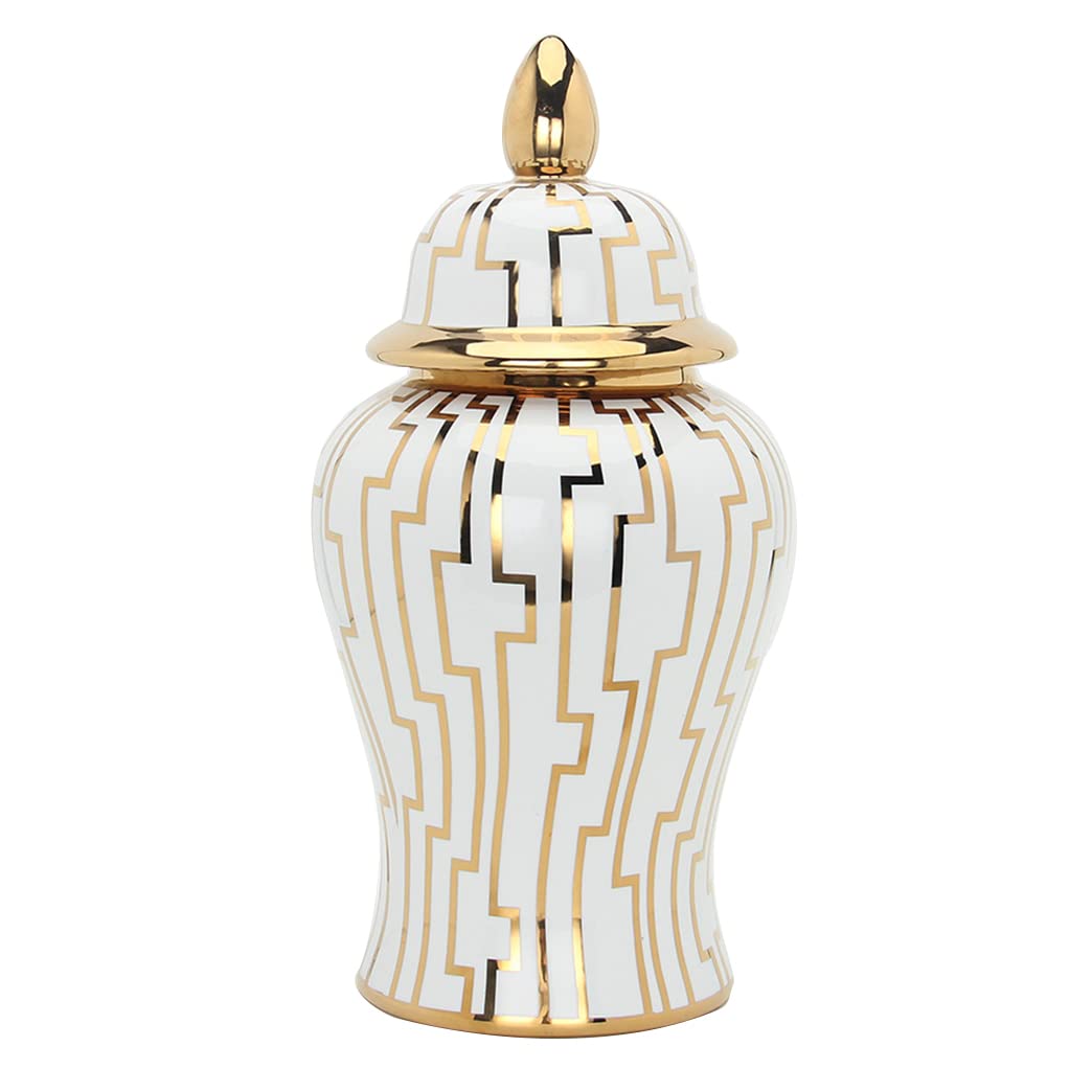 asdchZen Luxury Gold Ginger Jar Vase With Lid Ceramic Ginger Vase Decorative Porcelain Flowerpot Jars Temple Jar With Lids Flower Vases Decor For Storage Tank Desk Party,Gold-Medium