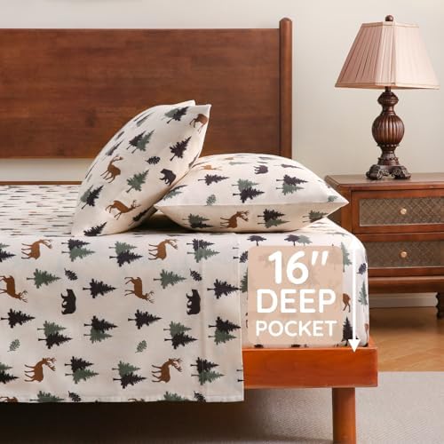 LONAVA 100% Cotton Flannel Sheet Set 4 Pieces, Heavy-Duty Fluffy Flannel Design, Thermal Lock Technology, 16 inch Deep Pocket Cozy Soft Bedsheets,(Queen,Fall Forest) - Thumbnail 2