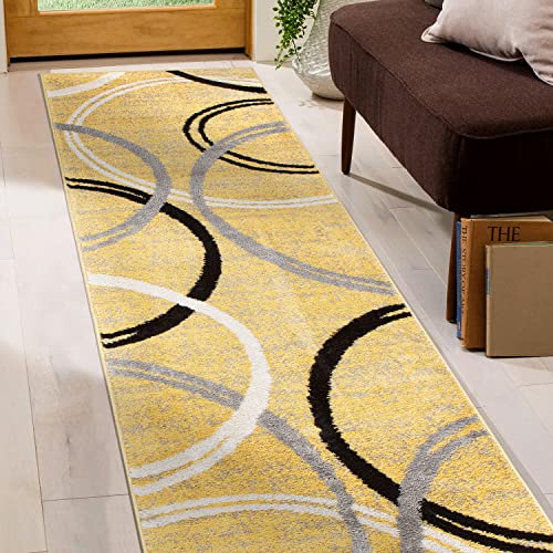 Rugshop Modern Wavy Circles Design Runner Rug 2' x 7'2" Yellow