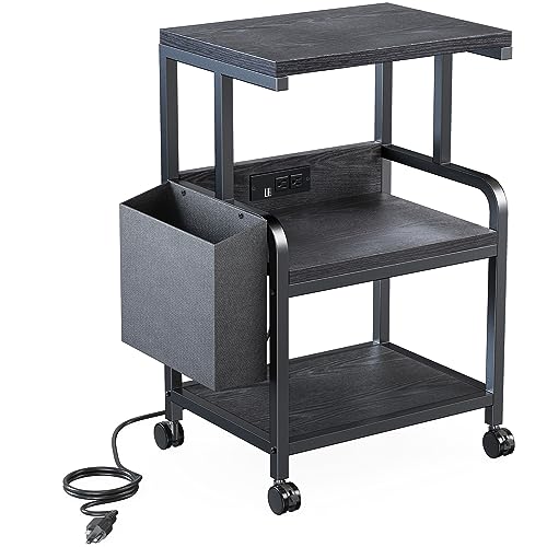 HUANUO Printer Stand Shelf with Electrical Outlet, 32.55x20x16 Inches Large Printer Stand with Non-Woven Bag, 3 Tier Rolling Printer Cart with Wheels for Home Office