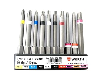 Wurth Bit Assortment 1/4 Inch with Belt Clip 10-Piece Length 70 mm Item No. 0614250020
