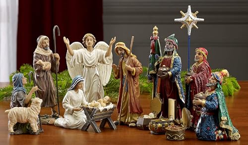 Image of Three Kings Gifts 11-Piece Real Gold Christmas Nativity Scene Set, 7-Inch Scale Polystone Holy Family, Magi Wise Men, Angel, and Shepherds, Complete Holiday Tabletop Creche Figures Display