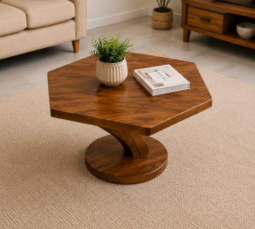 Image of Sheesham Wood Hexagon Shape Coffee Table for Living Room | Wooden Center Tea Table | Accent Table | Sofa Side Table | End Table | Honey Finish