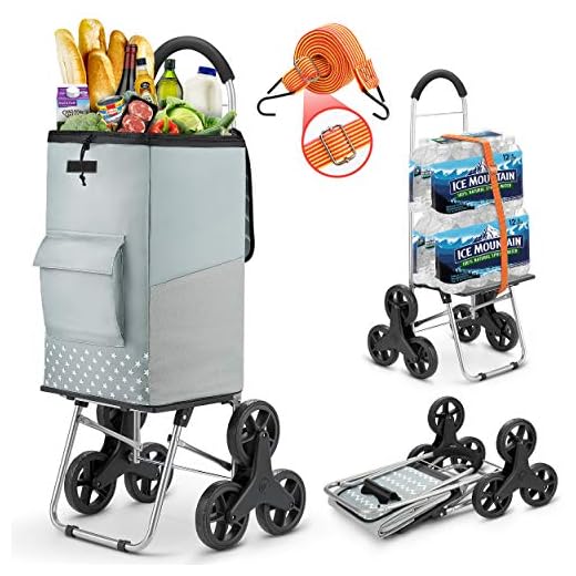 Shopping Cart, Heavy Duty Stair Cart 220 lbs Capacity Grocery Cart with Grey Large Shopping Bag Folding Shopping Cart with Adjustable Bungee Cord