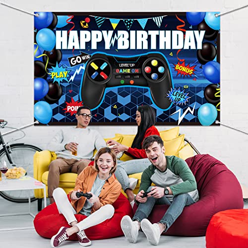 Video Game Happy Birthday Backdrop Game On Birthday Party Backdrop Banner Level Up Gaming Theme Party Background Photo Props For Video Game Party Wall Decorations Supplies (Blue) #TOP4