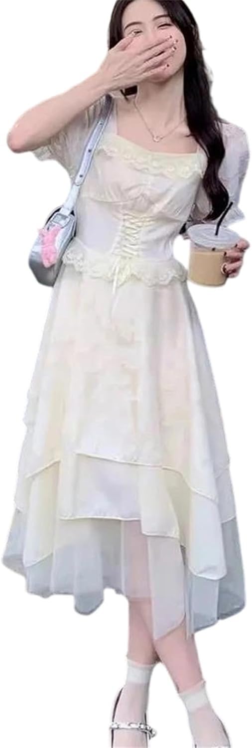 Vestido Mujer Irregular Largo, Cuello Corazón Manga Corta, Acampanado Diseño Cintura Dulce, Vestido Casual Verano, Albaricoque, S