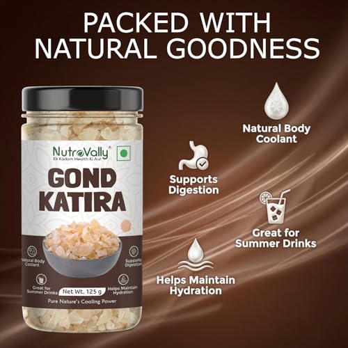Image of NutroVally Gond Katira 125g | Pure Edible Gum (Tragacanth Gum) | Natural Cooling Agent for Summer Drinks, Falooda & Desserts | Supports Digestion & Energy