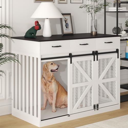 kepptory 48'' Dog Crate Furniture with Divider&Storage Drawers, Wooden Double Dog Kennel Furniture End Table with Sliding Barn Doors, White Double Dog Crate TV Stand