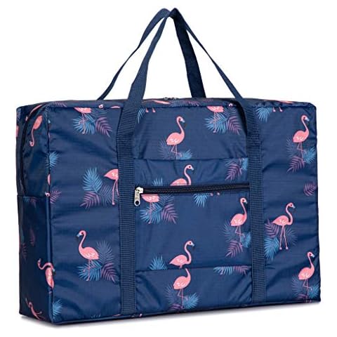 PAXLamb Carry-on Bag Foldable Flight Bag Travel Duffel Bag Travel Luggage Bag Lightweight Travel Luggage Duffle Tote Bag Waterproof Luggage Organizer Storage (Navy Blue Flamingo) Cover