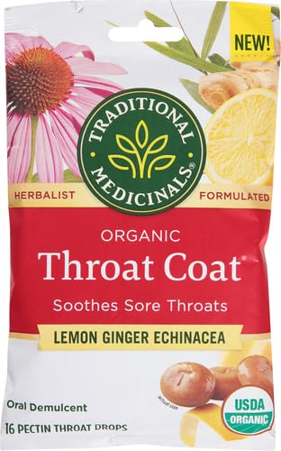 Image of Traditional Medicinals Organic, Throat Coat Lozenges, Lemon Ginger Echinacea - Herbal Cough Drops, Helps Soothe Sore Throat - Non-GMO, Stimulant-Free - 16 Count (Pack of 2)