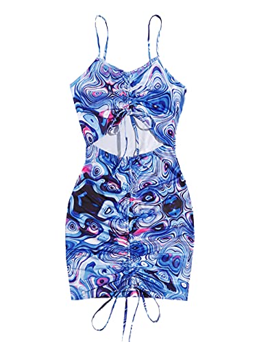 SOLY HUX Women's Spaghetti Strap Ruched Drawstring Cut Out Marble Print Bodycon Mini Dress Multicoloured XS