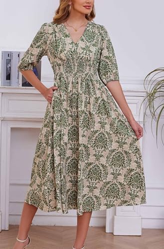 Image of Kormei Women Casual Boho V Neck 3 /4 Sleeve Smocked Waist A Line Flowy Swing Midi Dress Smocked Long Dress