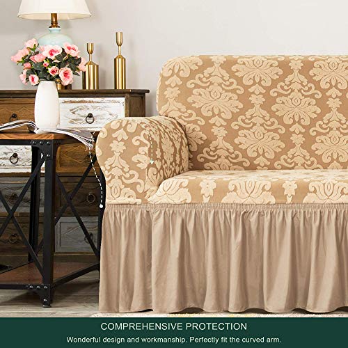 Chun Yi 1 Piece 3 Seaters Jacquard Damask Sofa Chair Slipcover Set With Ruffle Skirt Elegant For 4-Seater Dining Chair Cover With Ruffle Skirt With Retro Style.(Dark Khaki) #TOP4