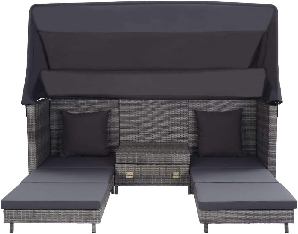 Extendable 3-Seater Sofa Bed Gray Poly Rattan Roof Versatile Attractive for Outdoor Seating Patio Decor