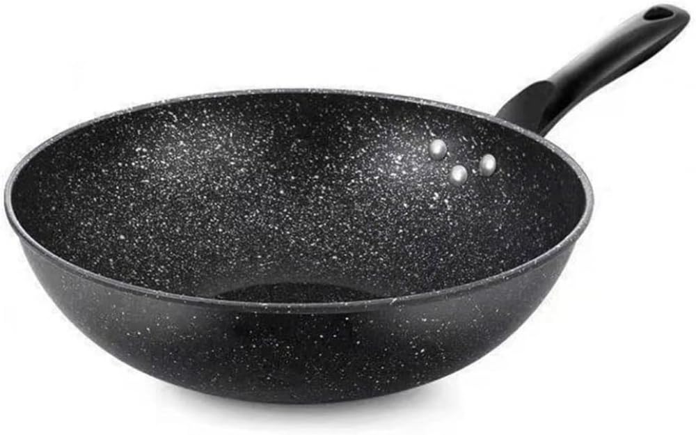 Czarny płaski spód nieprzywierający wok, 11-calowe patelnie do smażenia z powłoką z granitu, nowoczesne medyczne woki z wielowarstwową powłoką i uchwytem Stay Cool, do kuchen(30cm)