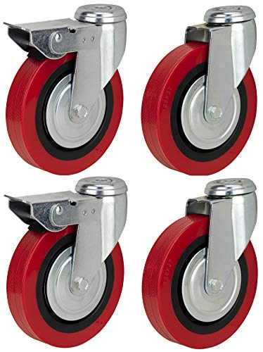 Roulettes pivotantes avec freins en polyuréthane 125 mm ; roues de roulettes de chariot à boulon de fixation de très grande résistance à trou unique Cover