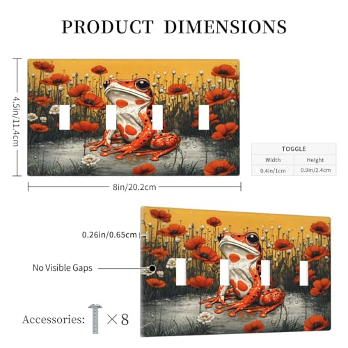 Decorative Light Switch Cover Plate Big Orange Frog Red Floral Wildflower 4 Gang Wall Plate Oversized Quad Toggle Switch Cover Plate Jumbo Faceplate for Home Decor