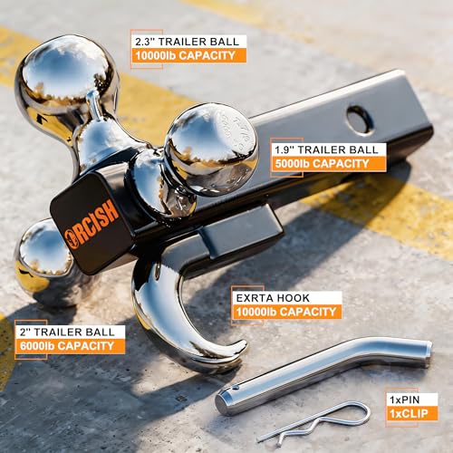 Image of ORCISH Trailer Hitch Tri-Ball Mount with Tow Hook & Pin, Chrome Trailer Ball Sizes 1-7 /8 inch, 2 inch & 2-5 /16 inch, Fit 2 Inch Hitch Receiver, 10,000 LBS Max Towing Capacity for RVs, SUVs, ATVs & Trucks