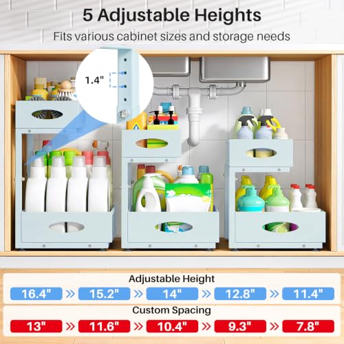 Image of Under Sink Organizer, 2 Tier Pull Out Under Cabinet Organizer Shelf with Pad for Framed Cabinets, Metal Slide Out Under Sink Storage, Mesh Sliding Drawers for Kitchen Bathroom Laundry(Blue, 1 Pack)