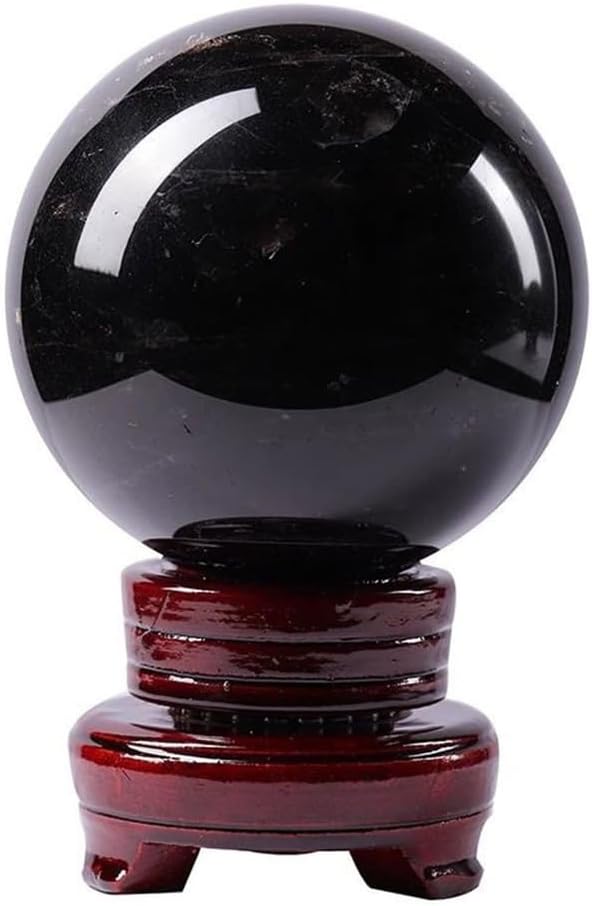 Black Quartz Crystal Ball for Decorative, Obsidian Crystal Sphere with Wooden Stand,Polished Stone Ball Ornament Home Office Decor,3.5"(9cm)